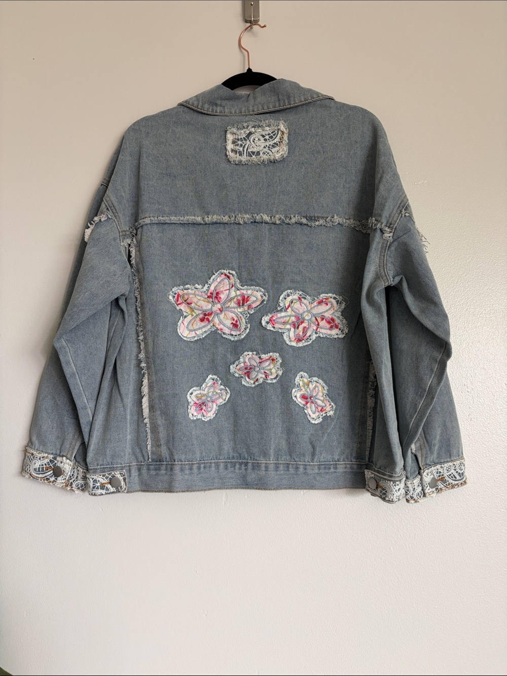 POL Light Blue Denim Jacket with White Lace & Pink Floral Patches - Picture 2 of 3